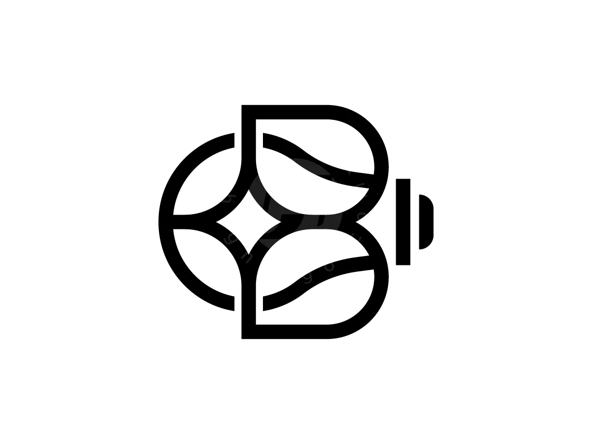 Letter B With Bulb Logo, Bold black lines create a stylized letter B incorporating coffee beans and a barbell design against a white background.