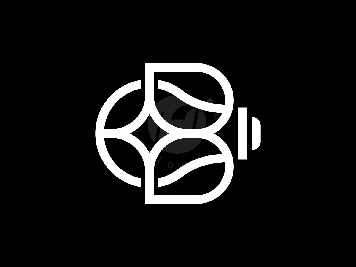 Letter B With Bulb Logo, Line art in white depicts a stylized letter B merging leaf motifs and a dumbbell against a black background.