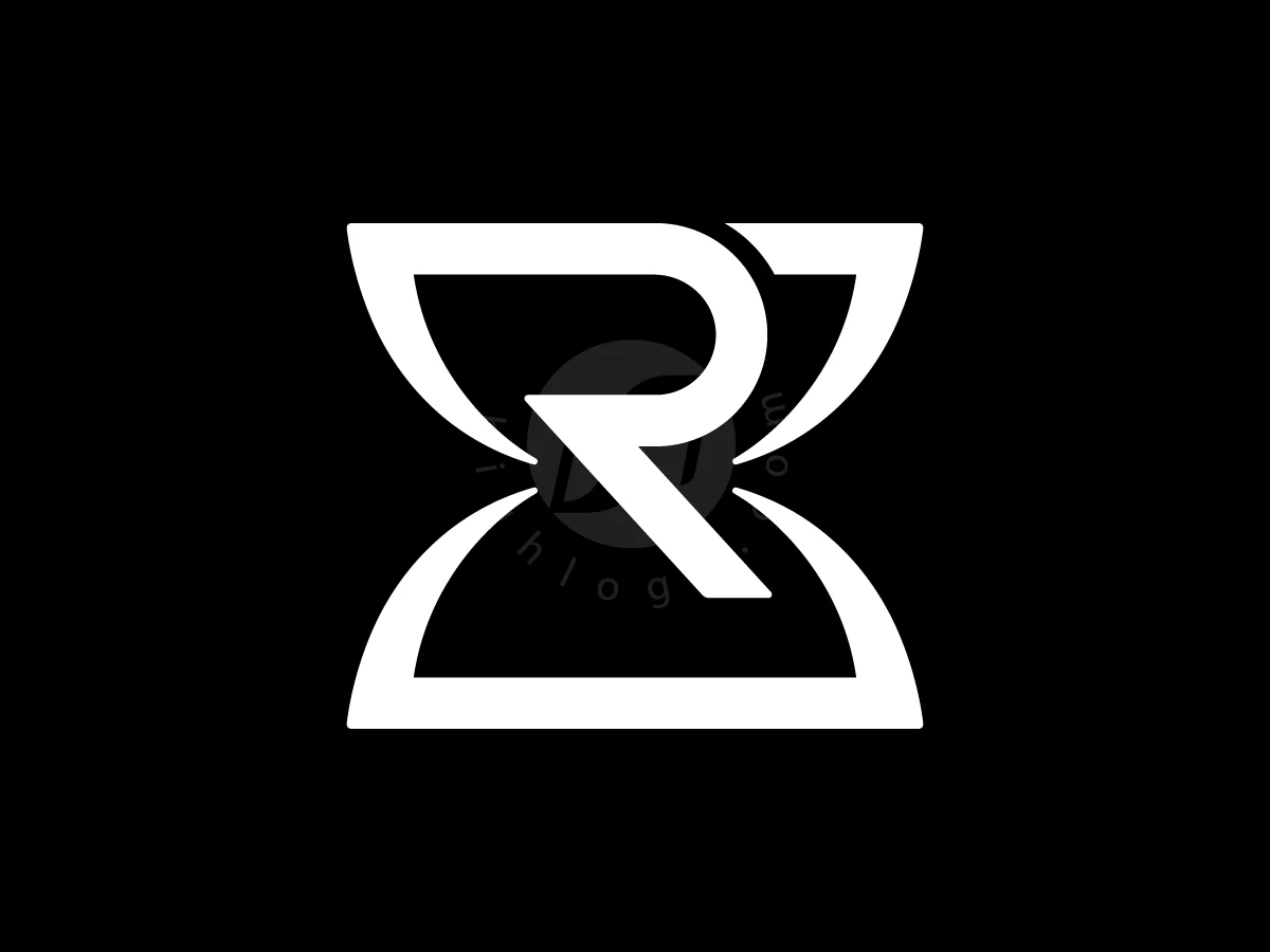 Letter R With Hourglass Logo, Against a black background, a white stylized letter R is seamlessly integrated into a geometric hourglass silhouette.