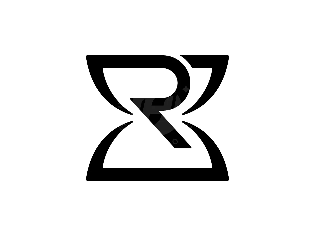 Letter R With Hourglass Logo, Thick black lines form a stylized hourglass shape seamlessly integrated with the letter R on a white background.
