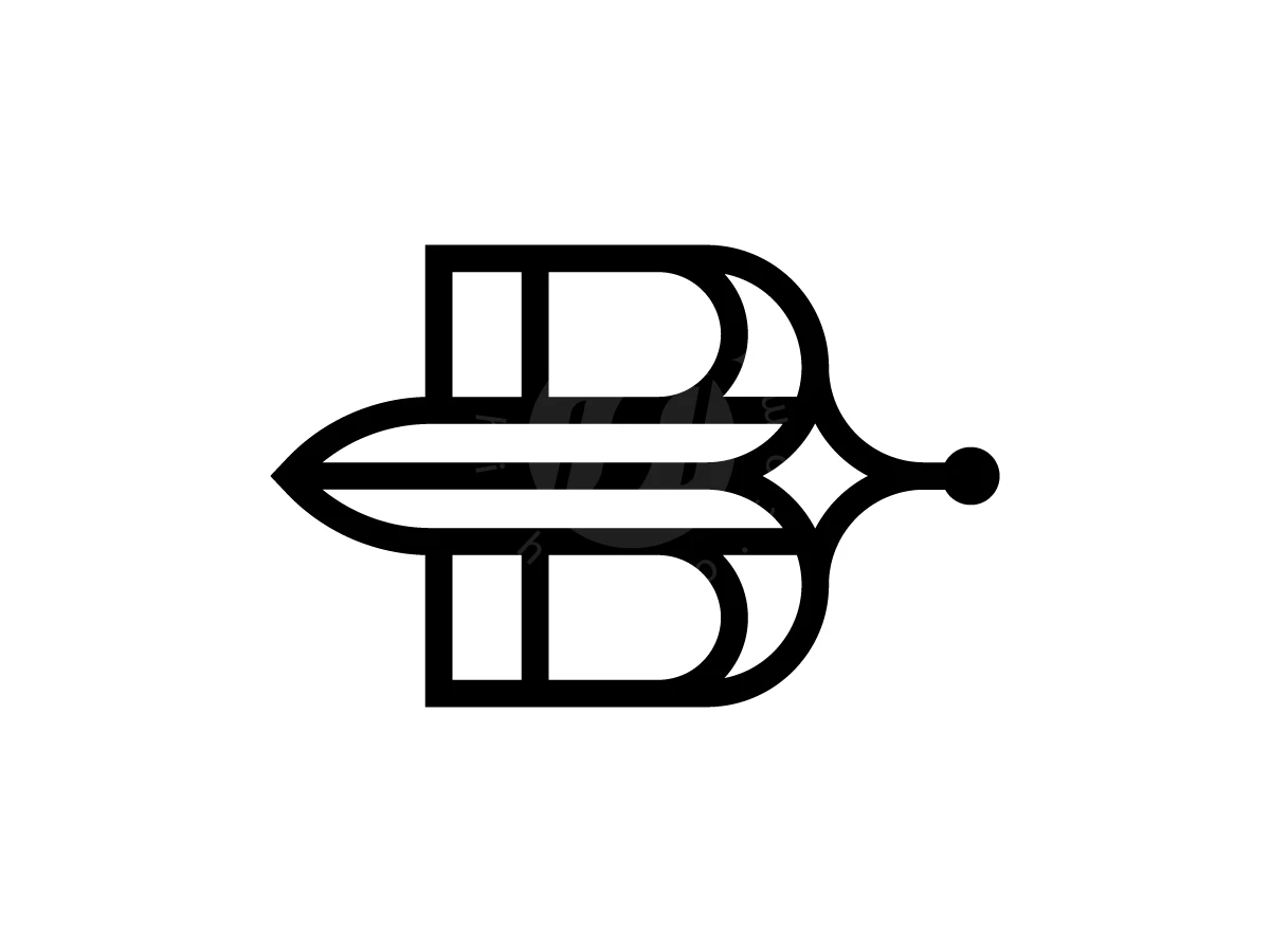 Letter B With Sword Logo, Bold black lines shape a symmetrical letter B combined with a horizontal fountain pen nib on a white background.