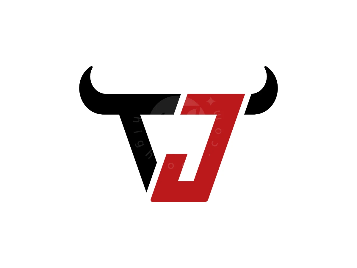 Letter J With Bull Head Logo, Letters T and J combine in black and red to form a stylized bull head with curved horns.