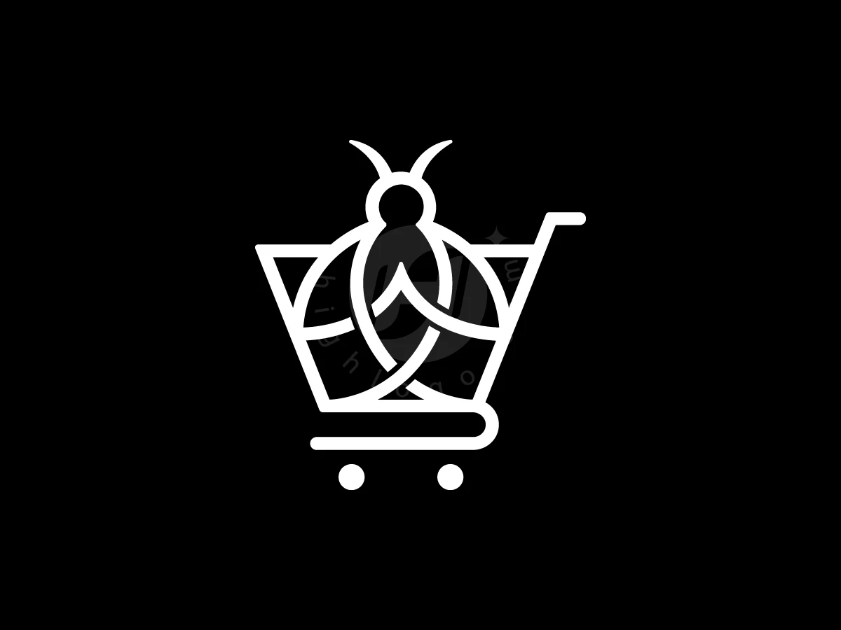 Flying Bee With Shopping Cart Logo, Stylized white line art depicting a beetle inside a shopping cart contrasts sharply with a solid black background.
