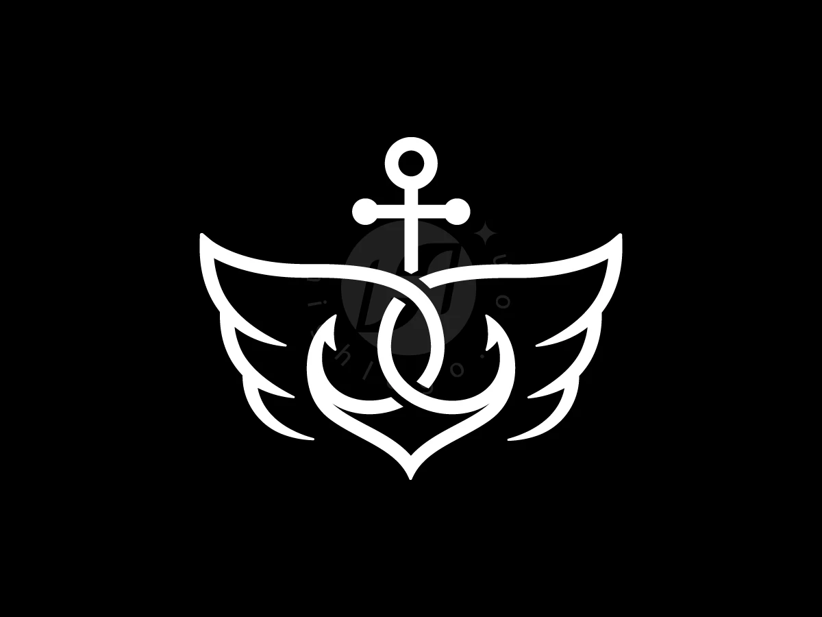 Anchor With Wings Logo, Interlocking anchor and wings are depicted in crisp white line art against a solid black background.