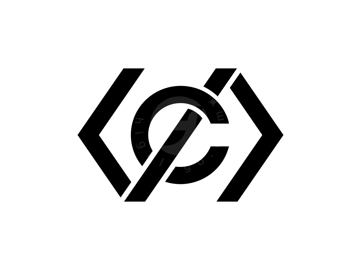 Letter C With Coding Logo, Code brackets in black frame a stylized letter C with a diagonal slash, centered on a white background.