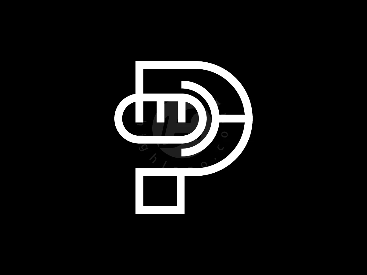 Letter P With Microphone Logo, Interlocking white lines create a stylized letter P and microphone icon against a stark black background.