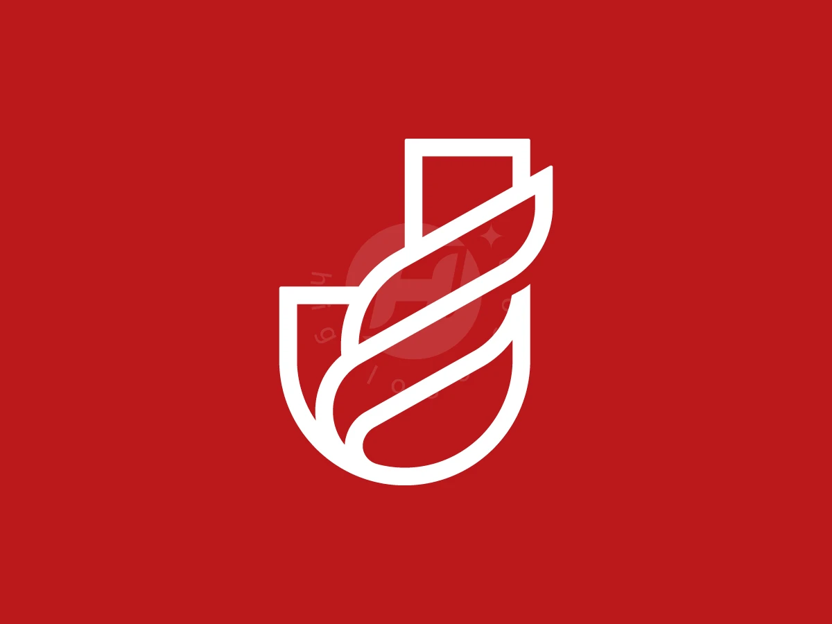 Letter J With Eagle Head Logo, Flowing white lines shape a stylized letter J with leaf-like curves against a solid red background.