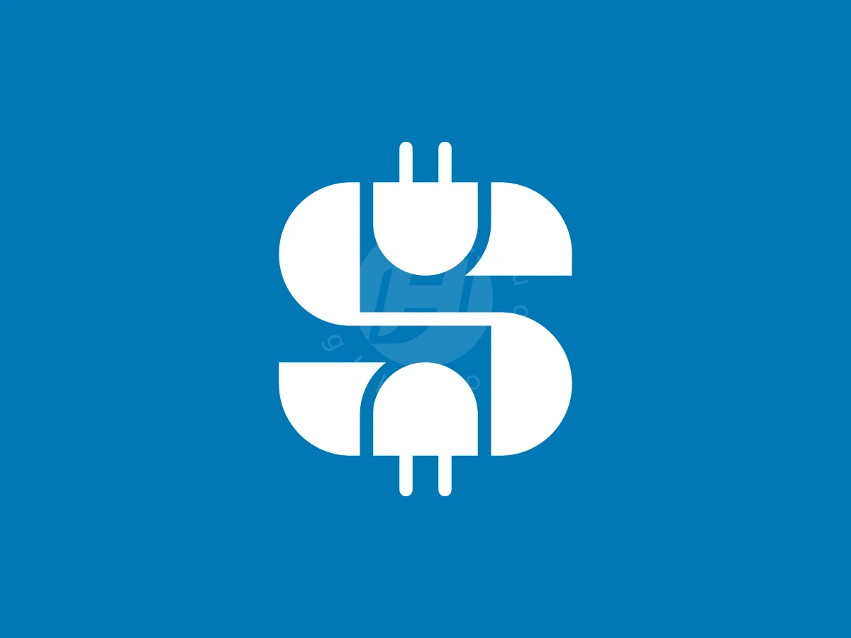 Letter S With Plug Logo, On a vibrant blue background, white electrical plug shapes form a stylized letter S resembling a dollar sign.