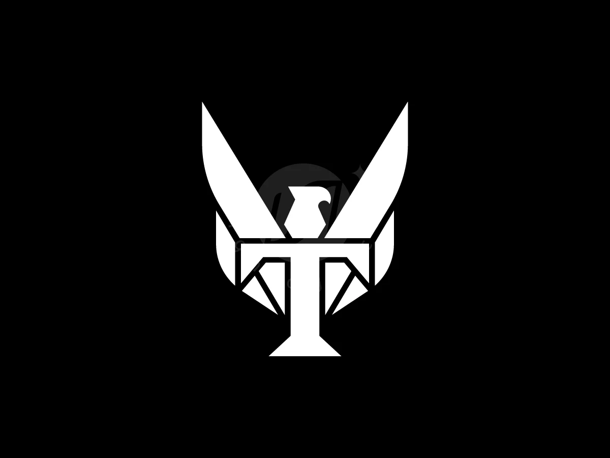 Letter T With Eagle Logo, Wings of a stylized white eagle frame a bold letter T logo, set against a solid black background.