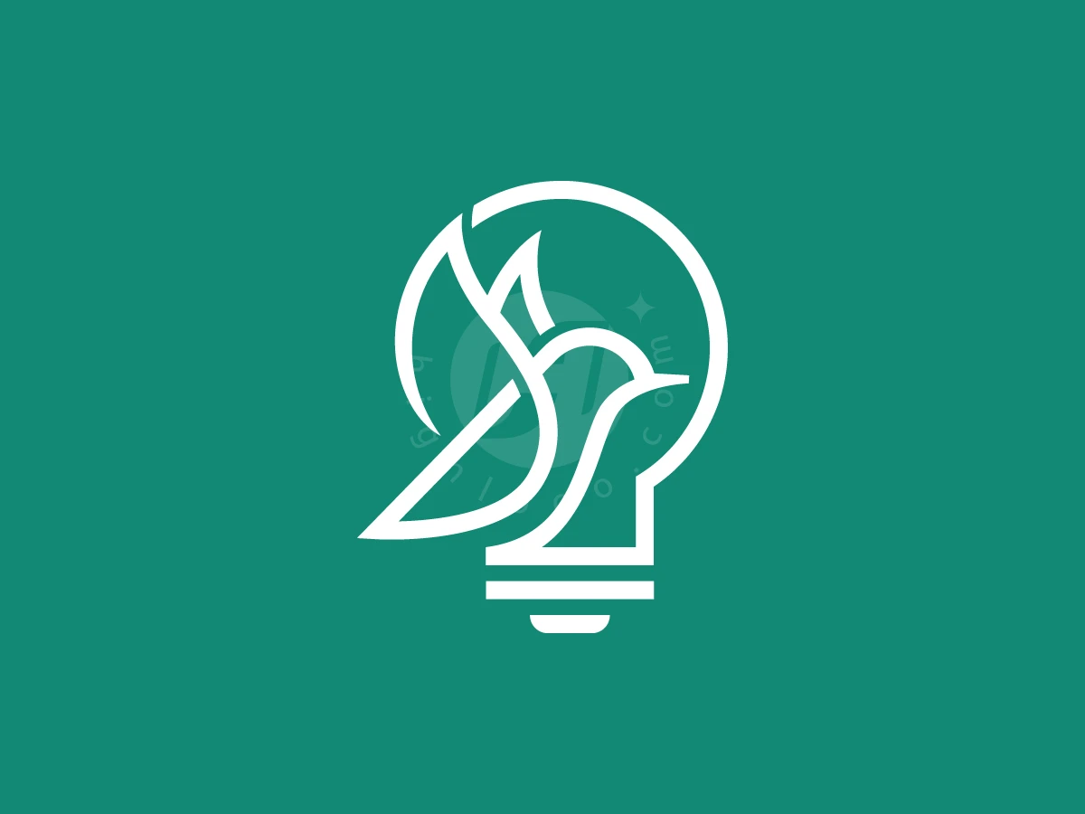 Flying Bird With Bulb Logo, Combining a lightbulb and a flying bird, this white line-art graphic is set against a teal background.