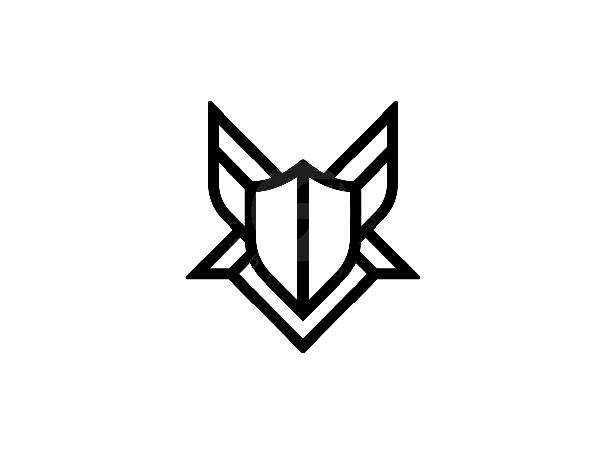 Fox Head With Shield Logo, Bold black outlines create a geometric shield combined with abstract wings, set against a solid white background.