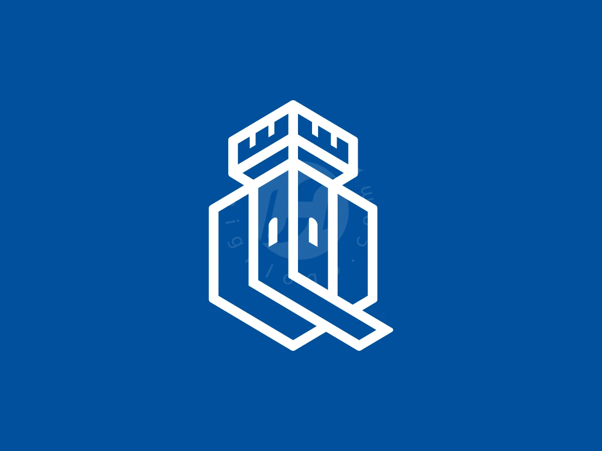 Letter Q With Castle Logo, Geometric white lines outline a castle tower forming the letter Q over a vibrant blue background.
