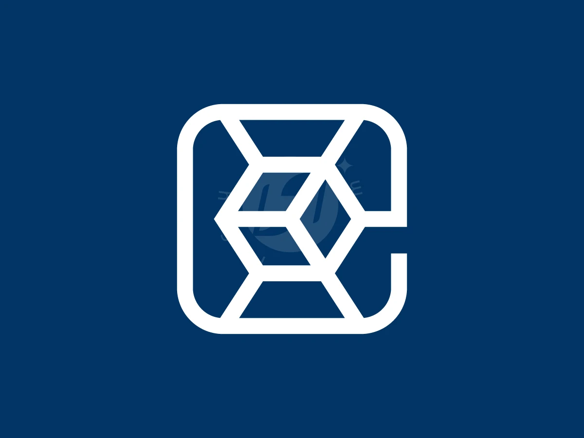Letter E With Cube Logo, White geometric lines form a stylized cube inside a rounded square, set against a solid navy blue background.