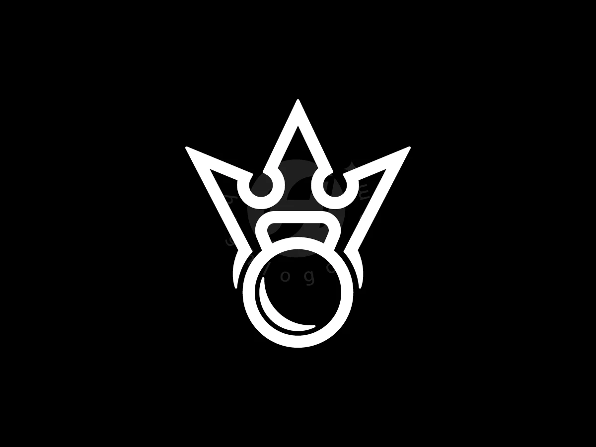 Kettlebell With Crown Logo, Crown and kettlebell shapes merge in white line art, creating a bold emblem on a solid black background.