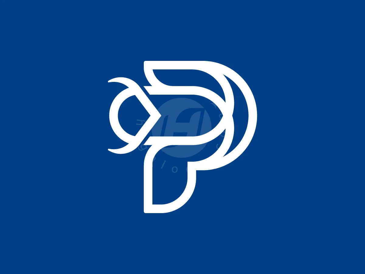 Letter P With Owl Bird Logo, Interlocking white lines form a stylized letter P and fish icon against a solid blue background.