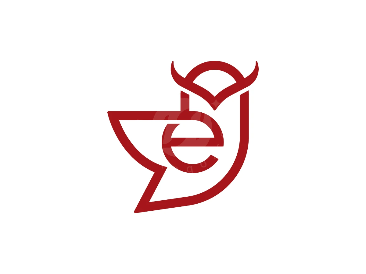 Letter E With Owl Bird Logo, Combining a horned owl silhouette and the letter "e", thick red lines create a minimalist logo on white.