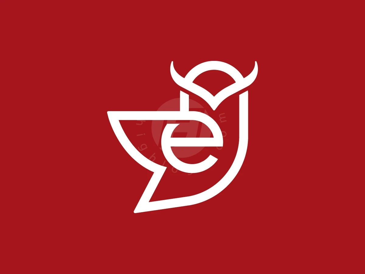 Letter E With Owl Bird Logo, Against a solid red background, white line art forms a stylized owl merged with the letter 'e'.