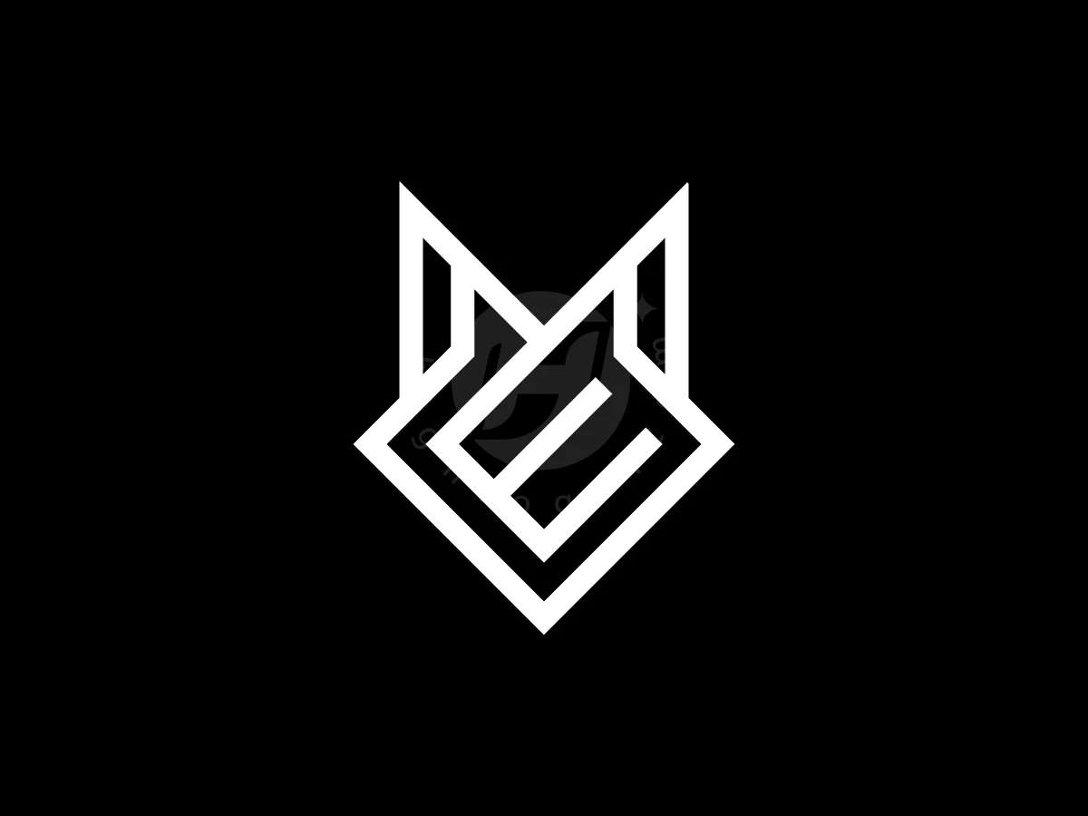 Letter E With Fox Head Logo, Against a black background, sharp white geometric lines form a wolf head monogram containing letters M and E.