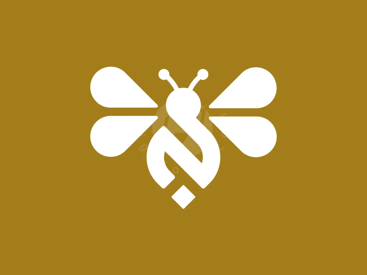 Letter N With Flying Bee Logo, Against a mustard yellow backdrop, a white stylized bee icon displays rounded wings, antennae, and a diamond-shaped stinger.