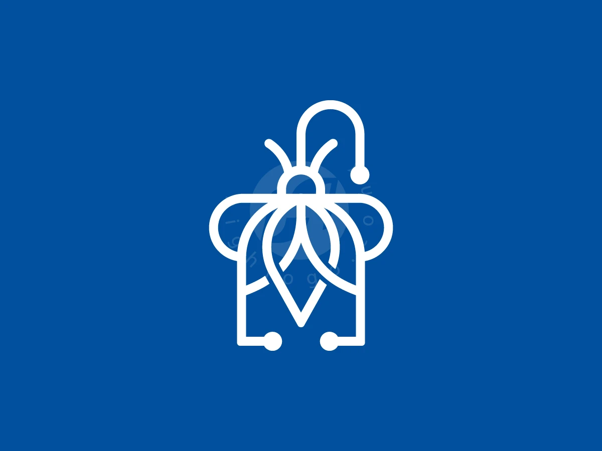 Flying Bee With Medical Stethoscope Logo, Set against a solid blue background, a white line art icon merges a stethoscope with a stylized insect.