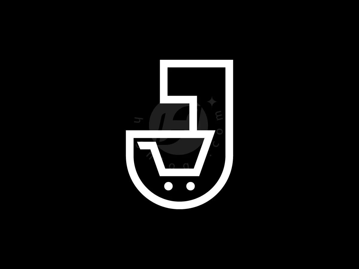 Letter J With Shopping Cart Logo, Against a black background, a white line-art design combines the letter J with a stylized shopping cart icon.