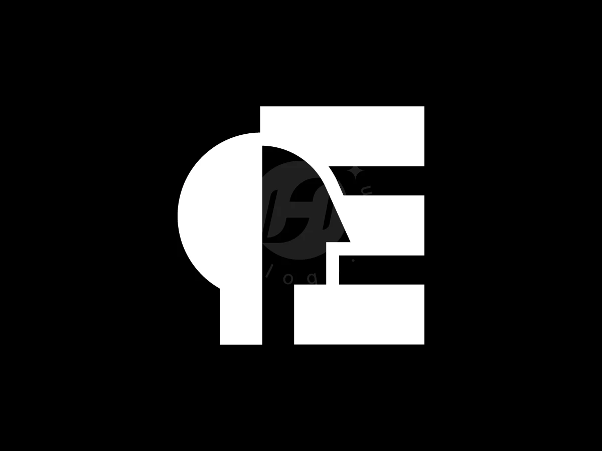 Letter E With Human Head Logo, Human profile silhouette merges with a blocky white letter E against a solid black background.