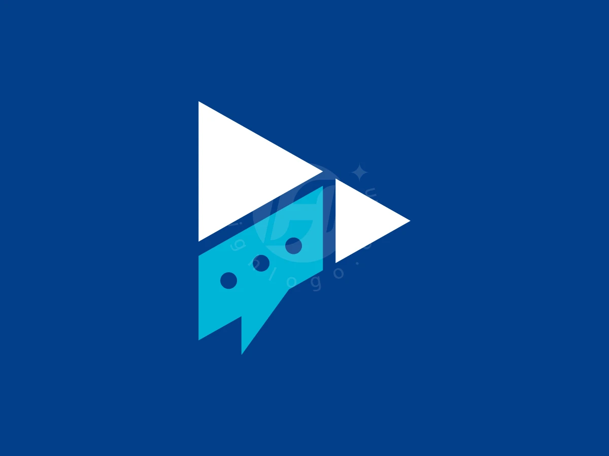 Play Button With Bubble Chat Logo, On a dark blue background, white triangles and a light blue chat bubble with dots form a play symbol.