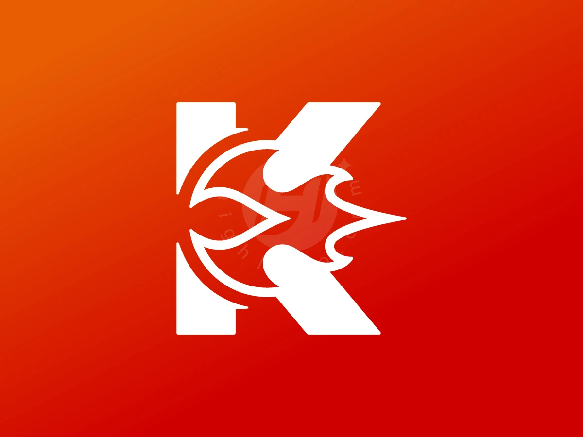 Letter K With Flame Logo, Flame elements integrate into a bold white letter K, set against a vibrant orange and red gradient background.