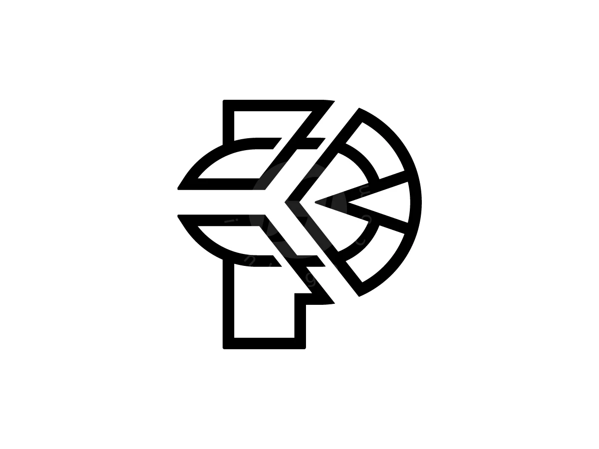Letter P With Spartan Helmet Logo, Interlocking black geometric lines create a stylized letter P resembling a human profile on a solid white background.