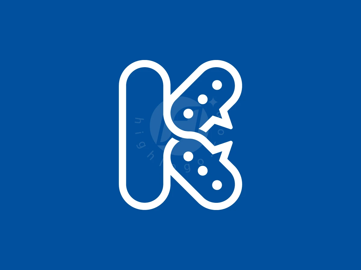 Letter K With Bubble Chat Logo, Chat bubbles with dots form the diagonal arms of a white outlined letter K on a blue background.