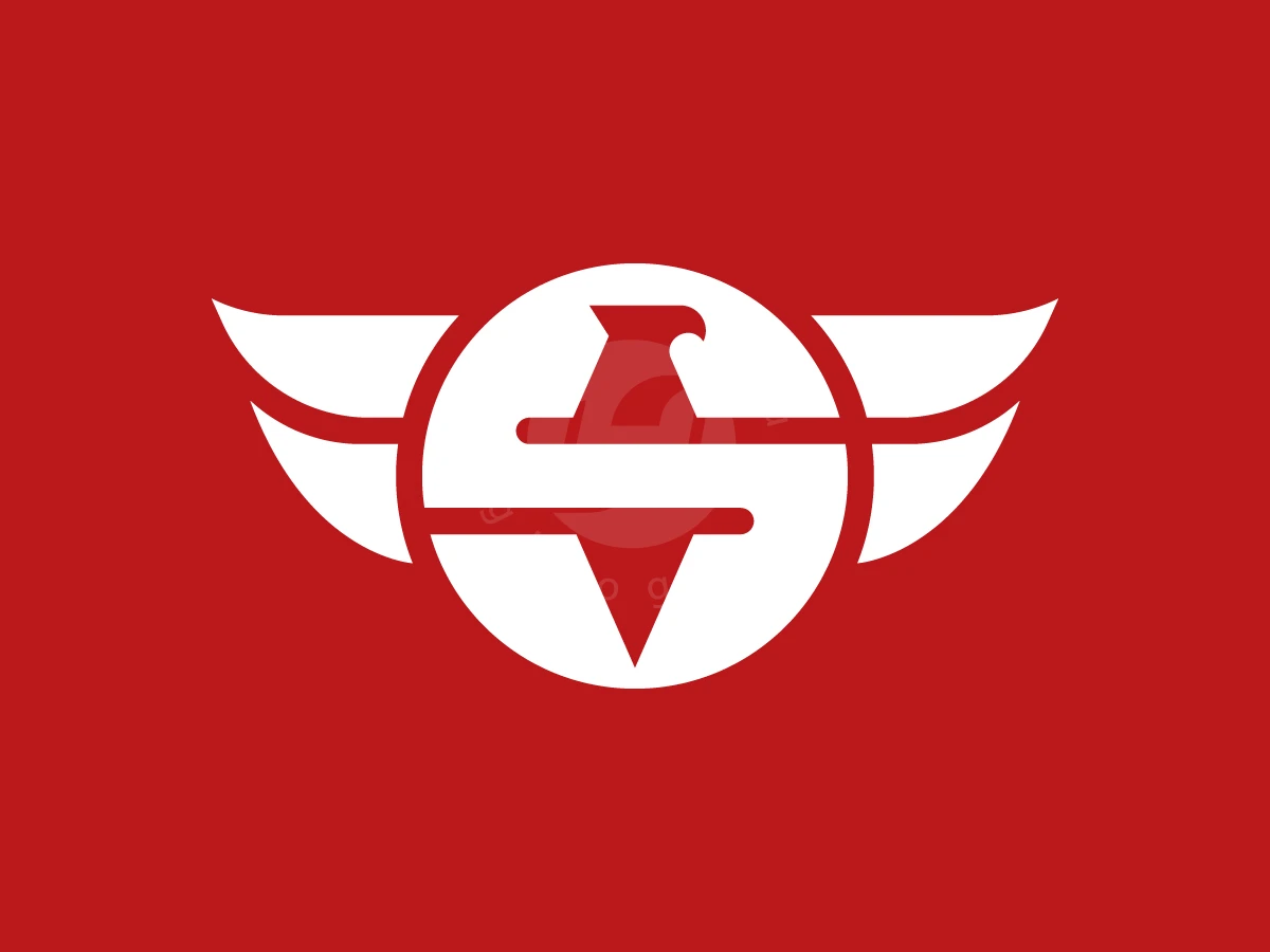 Letter S With Eagle Logo, Wings spread from a central white circle containing a red eagle and stylized S shape over a red background.