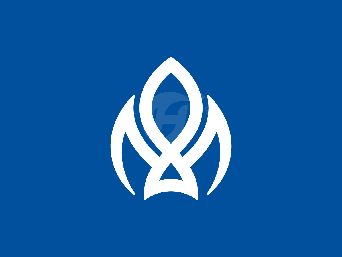 Letter M With Fish Logo, Against a solid blue background, a white stylized fish symbol is flanked by curved, wing-like abstract shapes.