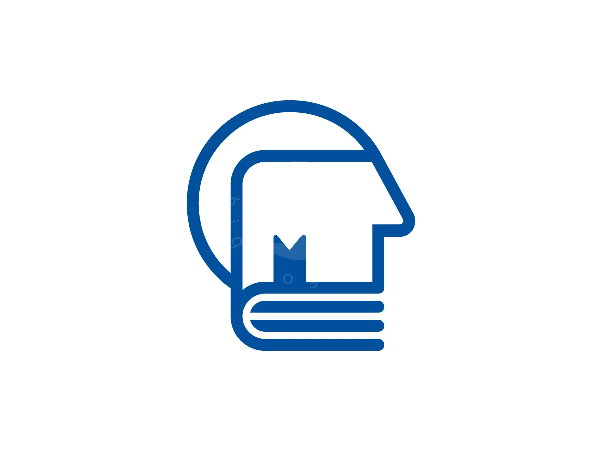 Human Head With Book Logo, Stylized blue lines merge a human head profile with a book and bookmark on a plain white background.