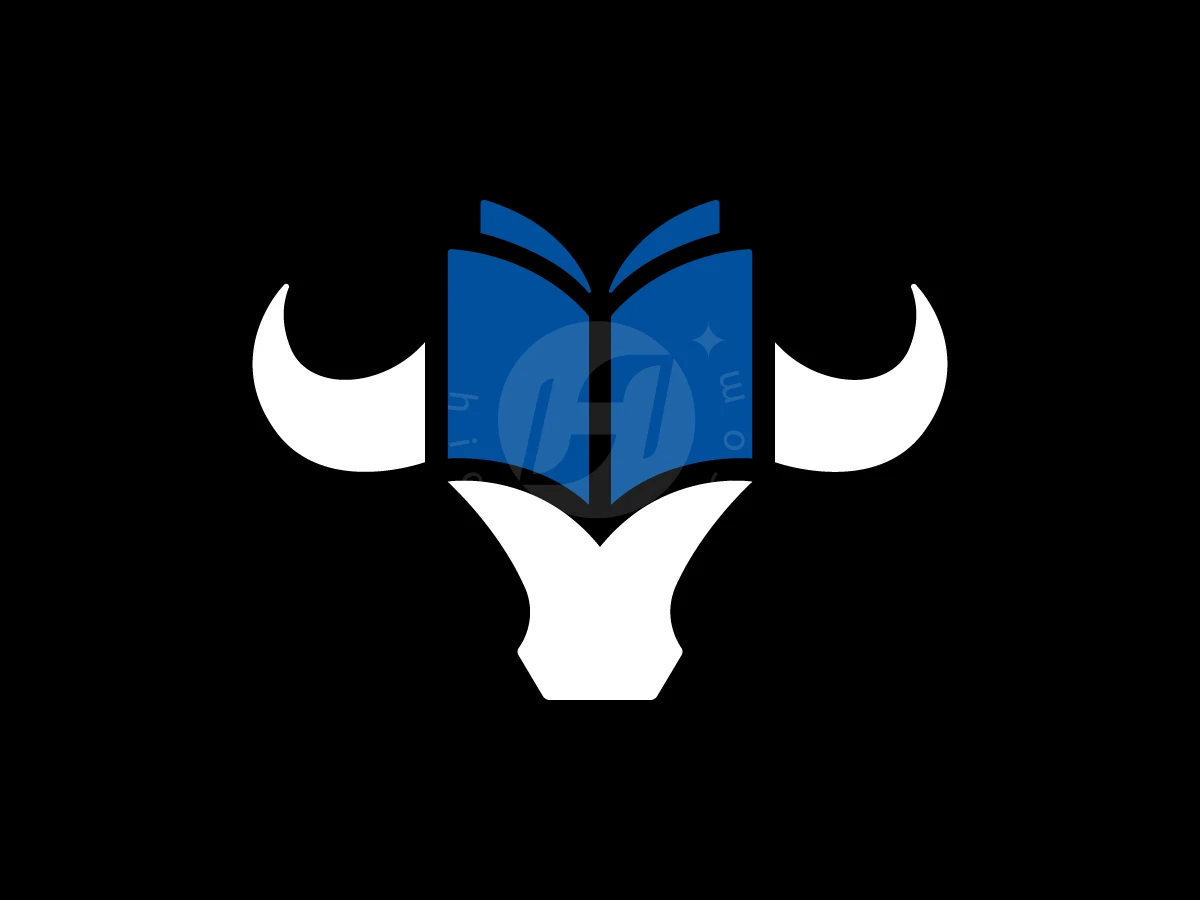 Bull Head With Book Logo, White horns and snout flank a blue open book, forming a stylized bull head on a black background.
