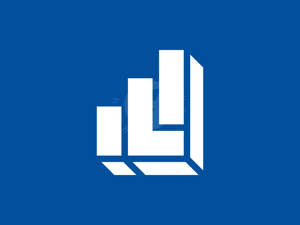 Letter L With Financial Chart Logo, Columns of white geometric blocks form a 3D ascending chart design against a solid blue background.