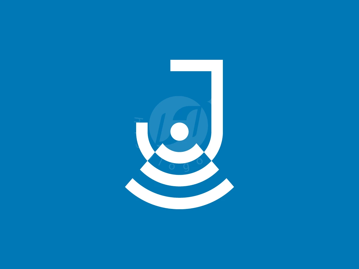 Letter J With Wifi Network Logo, Against a blue background, a white stylized letter J integrates with concentric signal waves and a central dot.