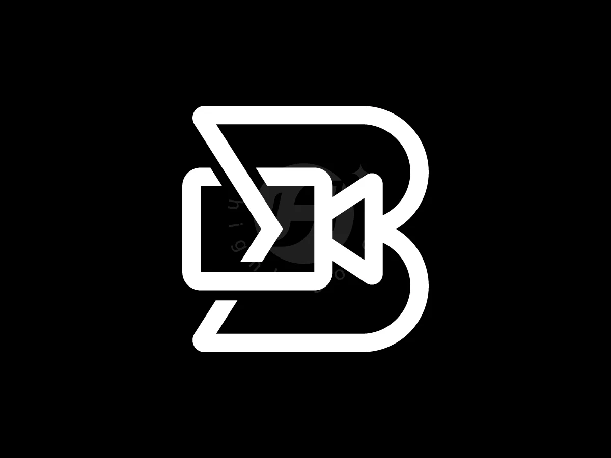 Letter B With Camera Logo, Combining a video camera icon with a stylized letter B, this white line graphic stands out against black.
