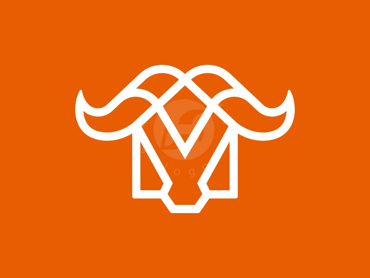 Bull Head With House Logo, Symmetrical white line art depicts a stylized bull or buffalo head on a solid, vibrant orange background.