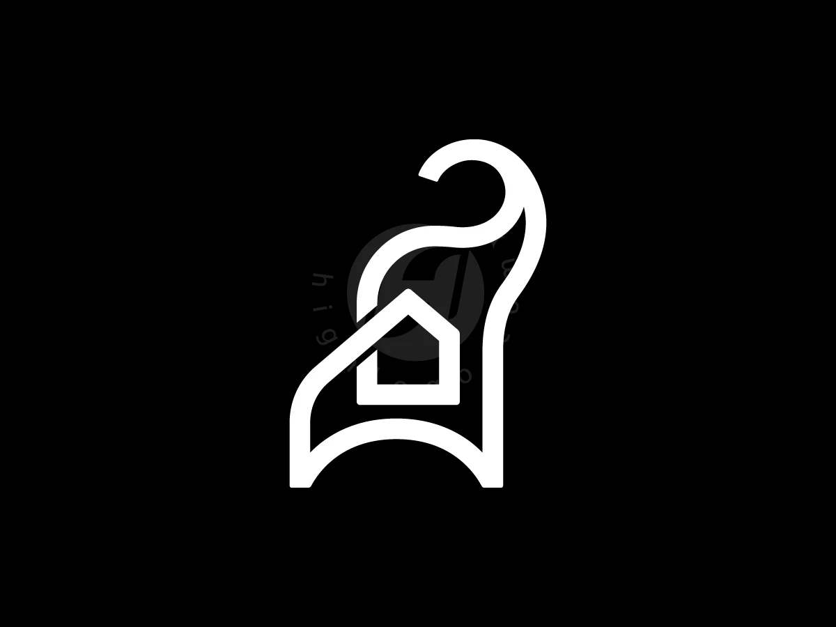 Elephant With House Logo, White line art on a solid black background forms a stylized elephant silhouette integrated with a simple house shape.