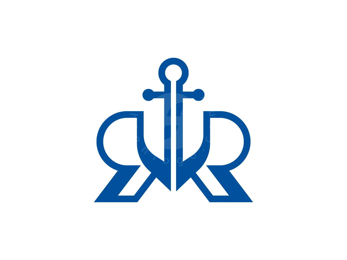 Letter R With Anchor Logo, Symmetric blue anchor integrated with two stylized back-to-back letter R shapes on a white background.