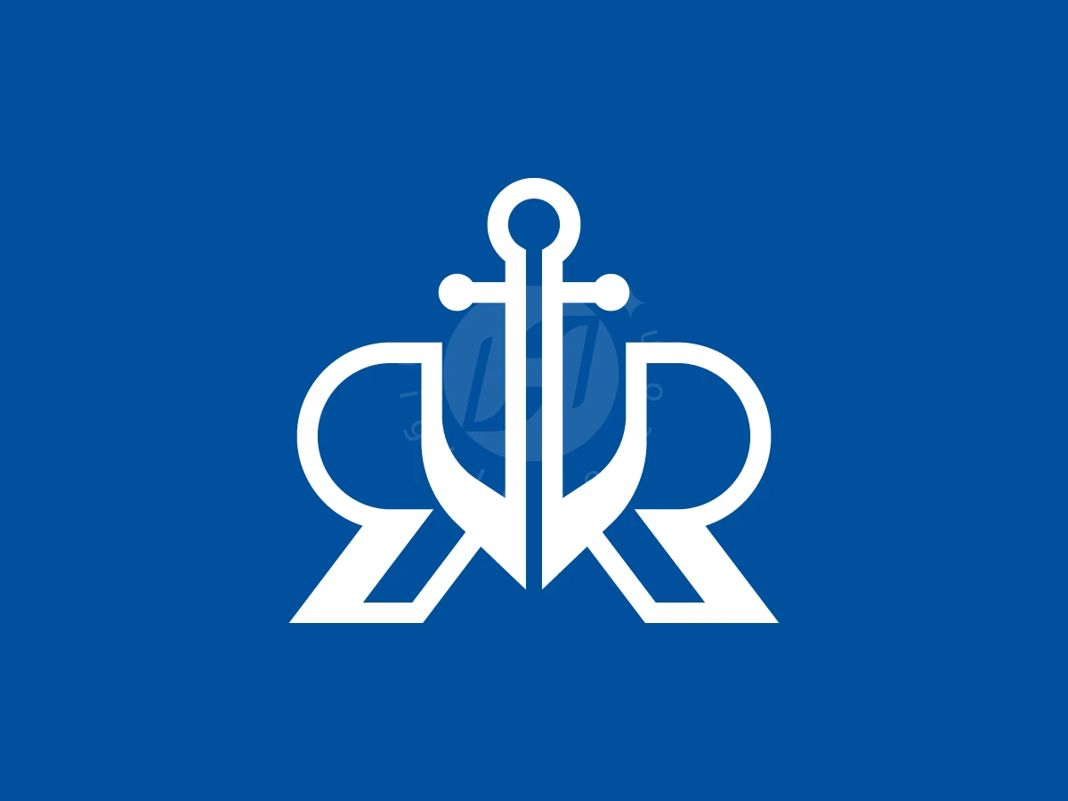 Letter R With Anchor Logo, Against a blue background, two white mirrored 'R' letters integrate to form a central anchor shape.
