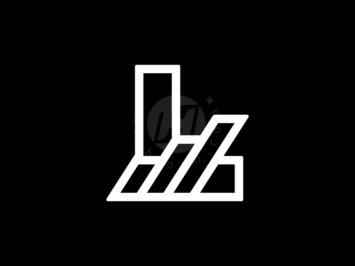 Letter L With Financial Chart Logo, Boldly outlined in white, stylized geometric shapes form an architectural monogram against a deep black background.