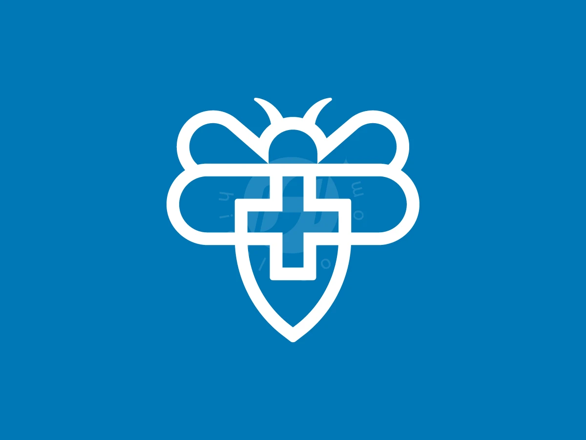 Flying Bee With Medical Cross Logo, Centered on a bright blue background, crisp white line art forms a stylized bee with a medical cross.
