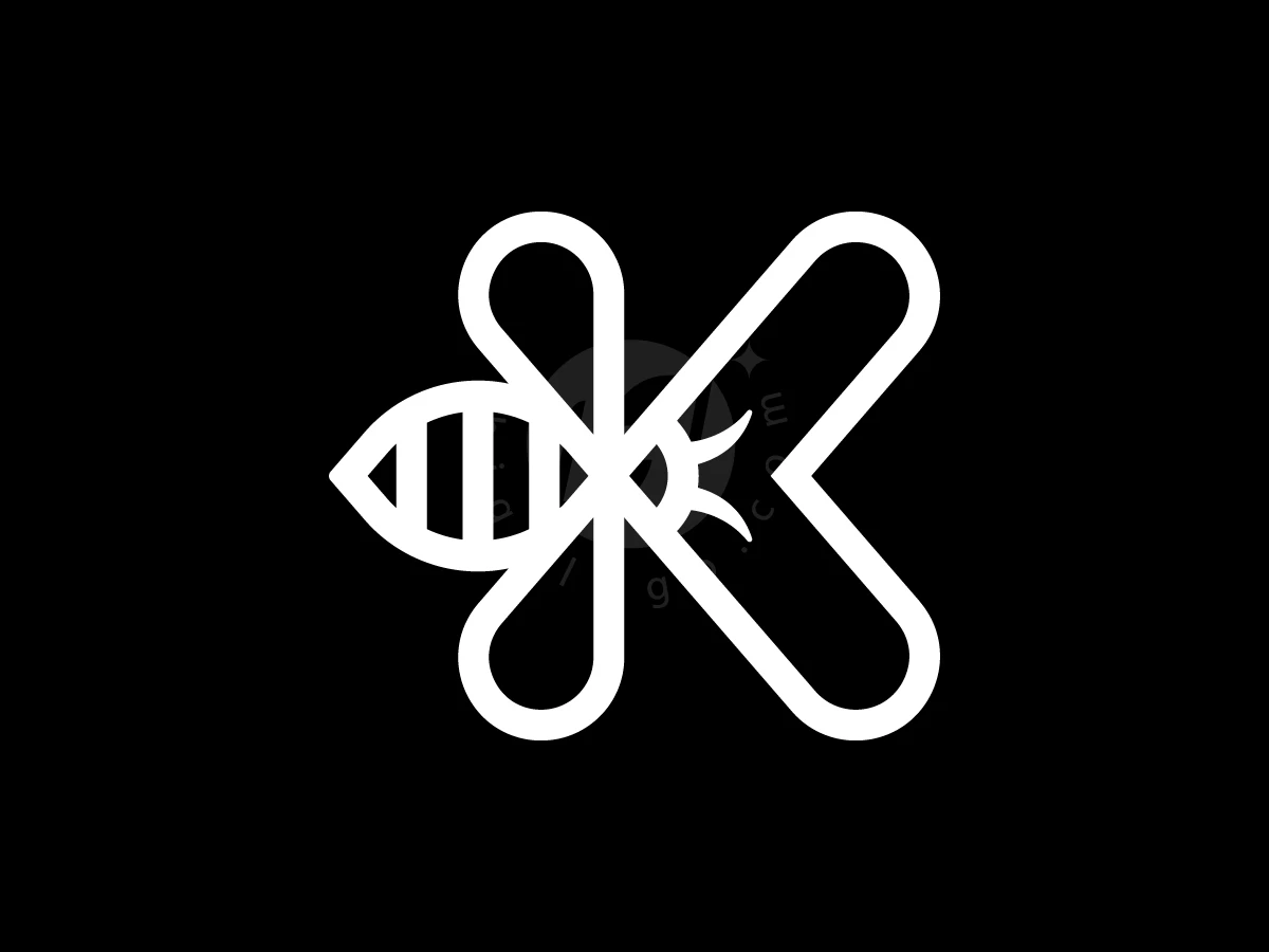 Letter K With Flying Bee Logo, On a solid black background, bold white outlines merge a striped bee into the letter K.