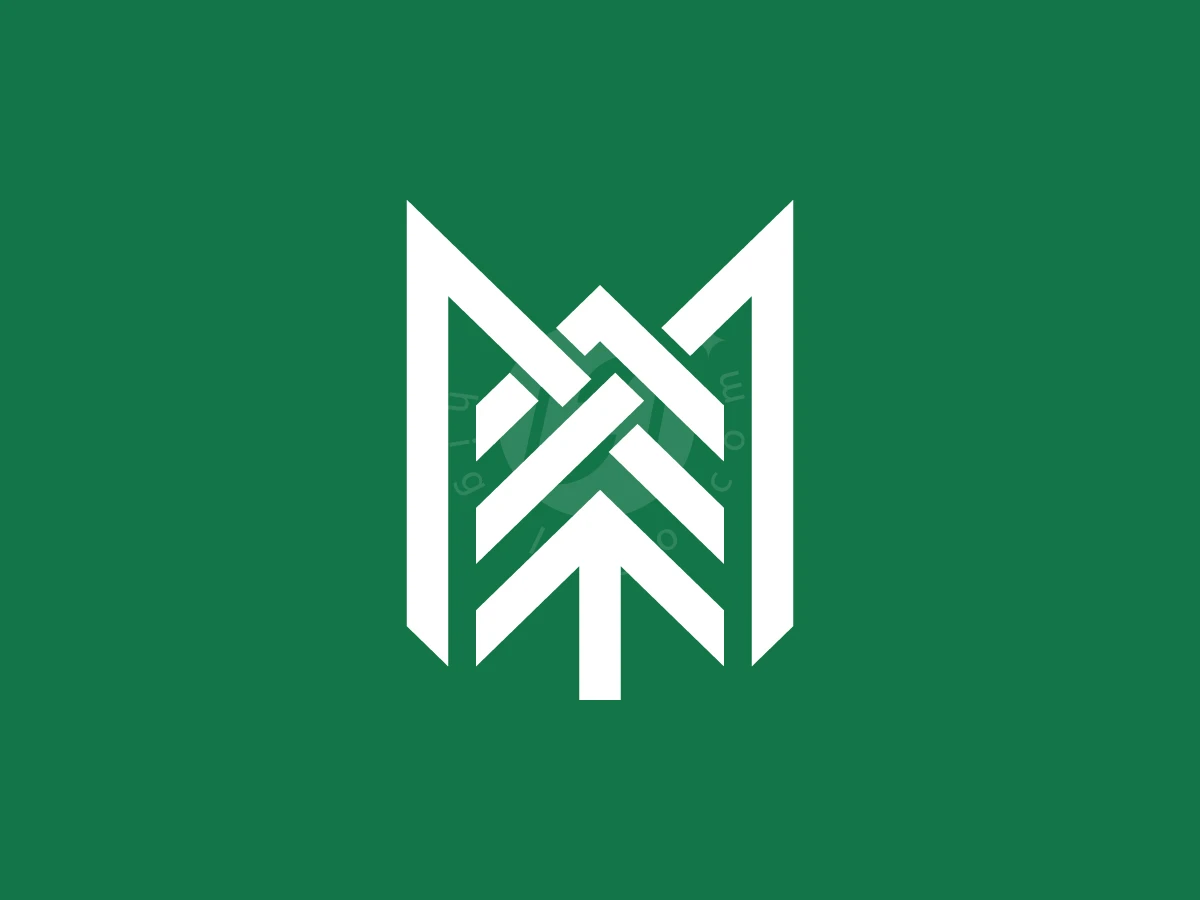 Letter M With Pine Tree Logo, Interlocking white geometric lines shape an abstract pine tree emblem centered on a solid dark green background.