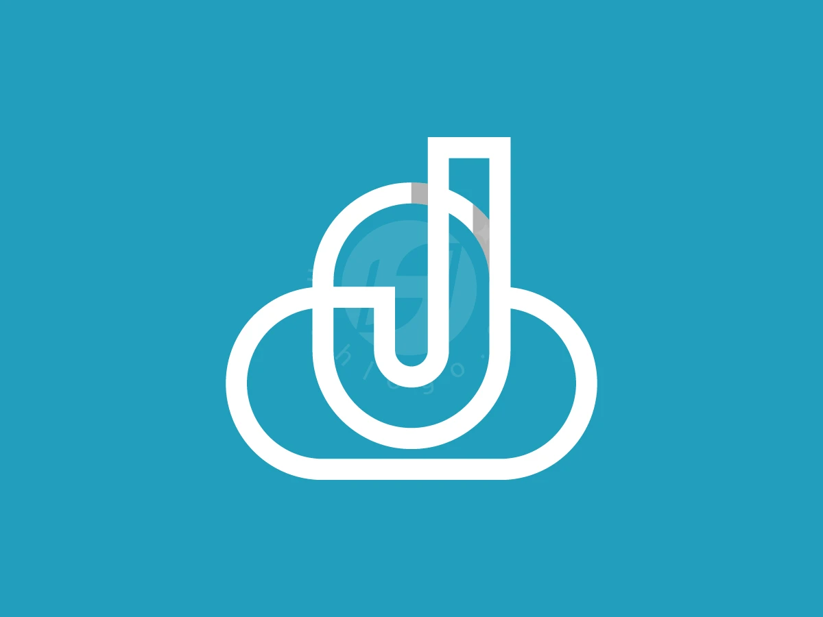 Letter J With Cloud Logo, Interlocking white line art forming a letter J inside a cloud outline rests on a bright turquoise background.