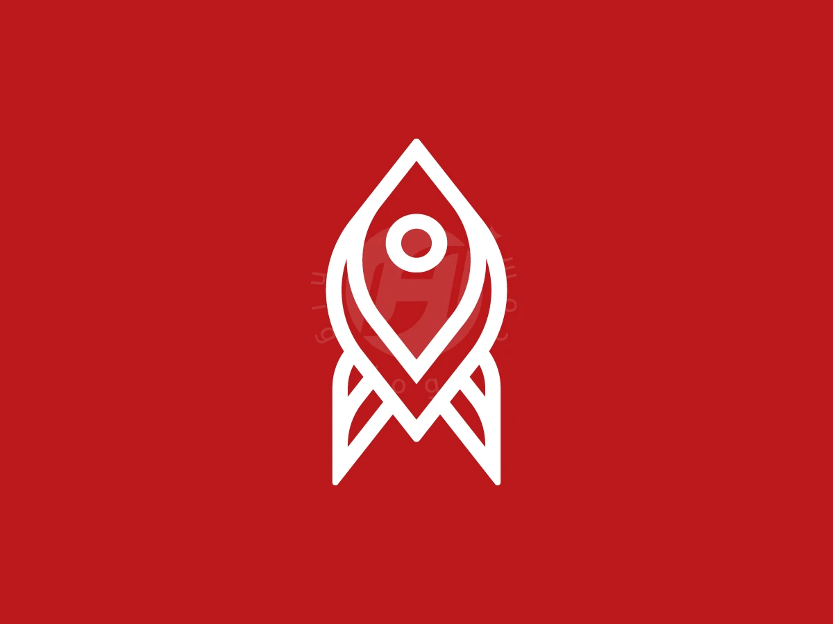 Letter V With Rocket Logo, Set against a solid red background, clean white lines outline a stylized, symmetrical rocket symbol.