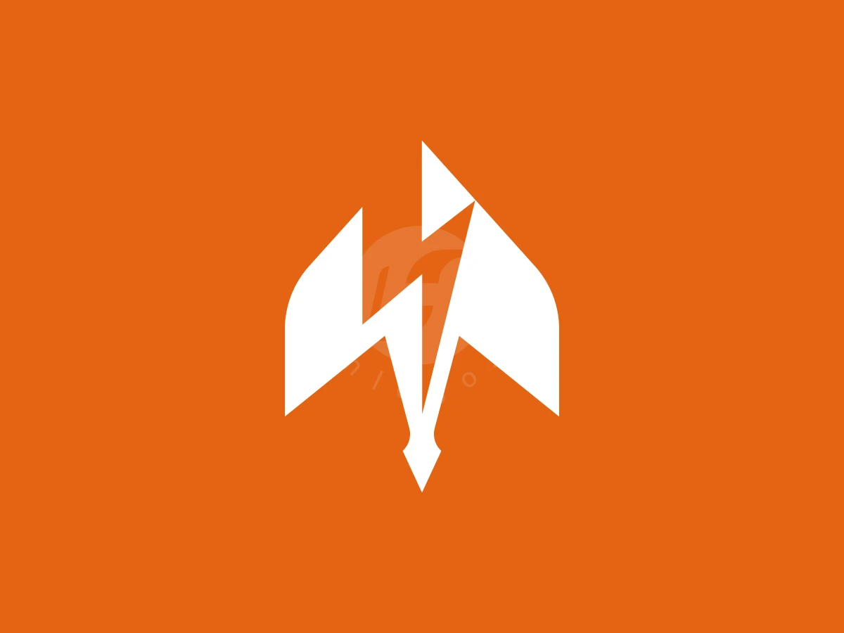 Stingray With Thunder Bolt Logo, Centered on a solid orange background, a white geometric emblem combines stylized wings with a lightning bolt.