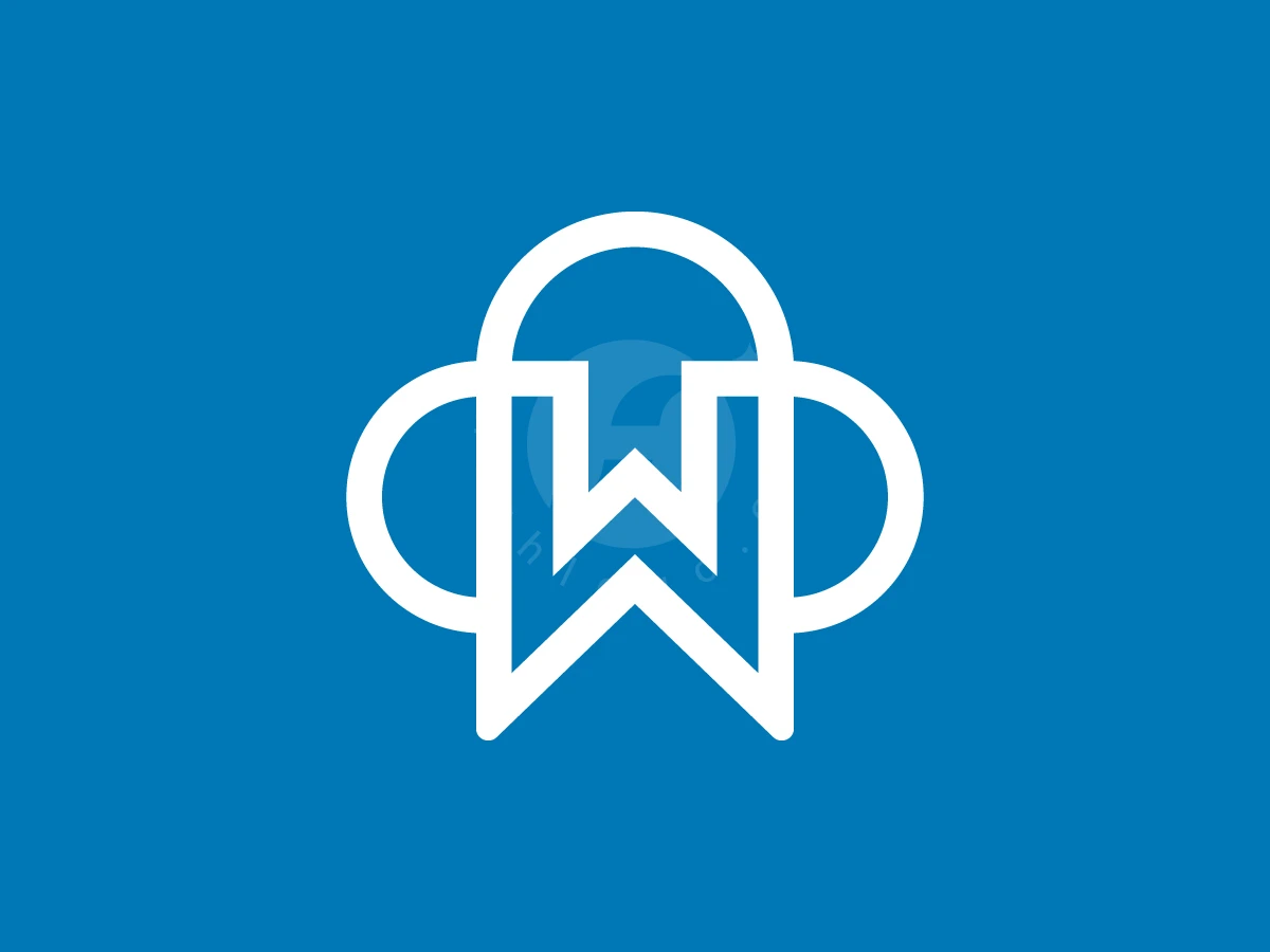 Letter W With Cloud Logo, White line art forms a stylized letter W intertwined with arched geometric curves over a solid blue background.
