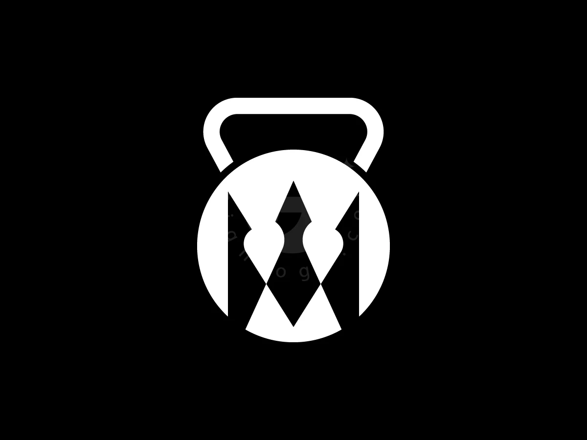 Kettlebell With Luxury Crown Logo, White kettlebell silhouette featuring a stylized trident motif centered on a solid black background.